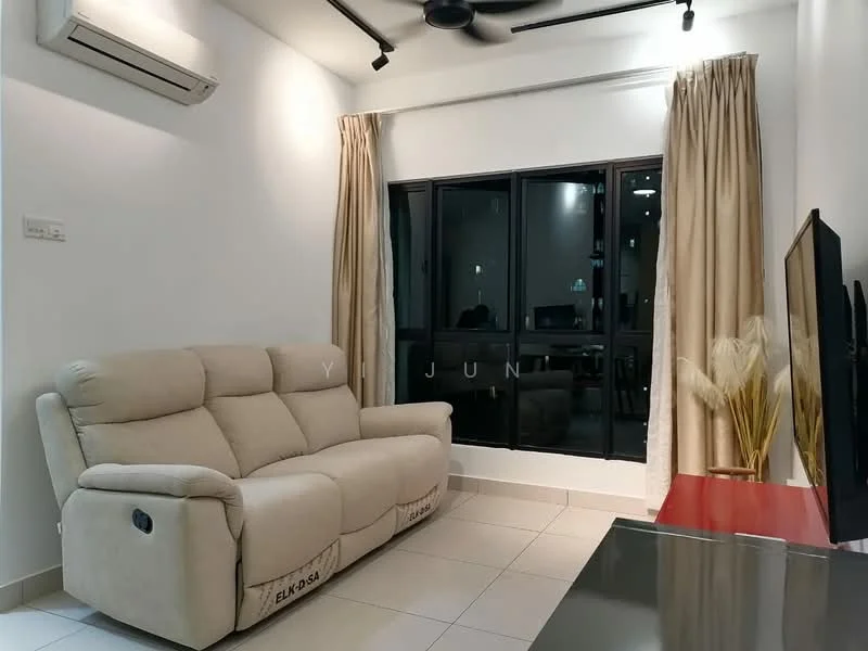 Living features: 3-seater fabric sofa in beige, floor-to-ceiling windows, sheer curtains, wall-mounted TV, TV console, ceiling fan, recessed downlights, light-colored tiled flooring, decorative plant in ceramic pot, neutral painted walls; style: modern.