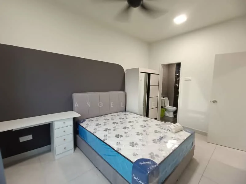 Bedroom features: queen-size bed with upholstered headboard, bedding with floral pattern, study desk with drawers, white bedside table, grey accent wall, light-colored tiled flooring, ceiling fan, built-in wardrobe, door leading to bathroom, wall-mounted mirror; style: modern.