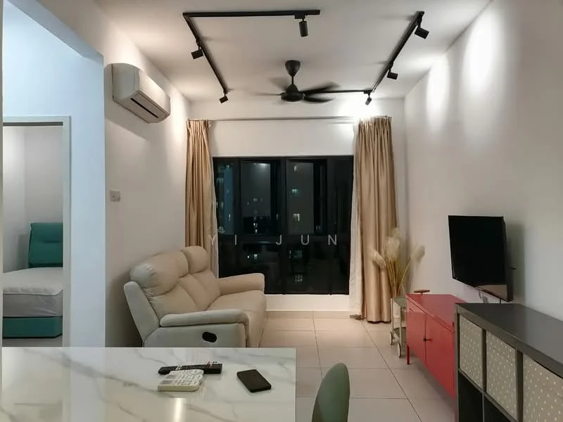 Living features: 3-seater fabric sofa in cream, wall-mounted TV, TV console in red, floor-to-ceiling windows, sheer curtains, 5-blade ceiling fan, 1 wall-mounted split AC, marble dining table, tile flooring, decorative plants in ceramic pots, recessed downlights, open layout; style: modern; view: city. Room features: bed visible in background, unknown wall color, unknown furniture.