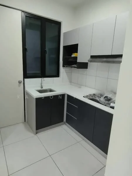 Kitchen features: single-bowl stainless-steel sink, chrome pull-down faucet, white quartz countertop, grey flat-panel cabinets, black flat-panel cabinets, built-in gas hob, built-in range hood, white tiled backsplash, white tiled flooring, floor-to-ceiling window, recessed downlights; style: modern.
