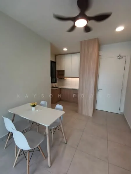 Dining features: 4-seater dining table, white dining chairs, ceiling fan with light, light grey walls, beige cabinetry, white countertop, tile flooring, window with natural light, door leading to hallway; style: modern. Kitchen features: white upper cabinets, wooden lower cabinets, built-in microwave, stainless-steel sink, chrome faucet, recessed lighting; style: modern.