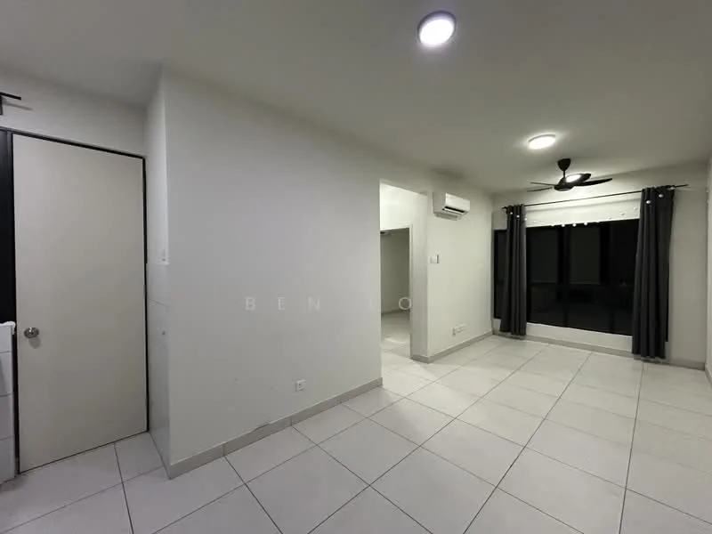 Room features: white painted walls, tile flooring, 5-blade ceiling fan with light, wall-mounted split AC, floor-to-ceiling windows, blackout curtains, light grey curtains, door to adjacent room; style: modern.