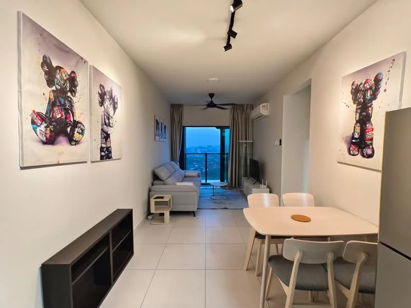 Living features: light grey fabric sofa, coffee table, TV console, wall-mounted TV, area rug, 5-blade ceiling fan with light, floor-to-ceiling windows, curtains, decorative artwork on walls, dining table with 4 chairs, open layout, tile flooring, air conditioning unit; style: modern; view: city.