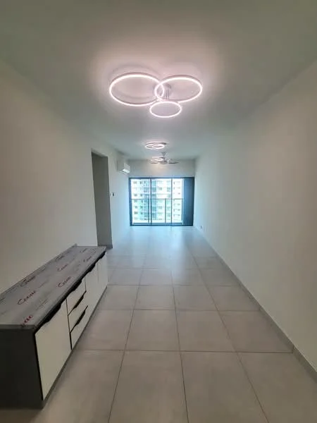Living features: large floor-to-ceiling windows, grey tiled flooring, white painted walls, modern ceiling light fixture with multiple rings, wall-mounted air conditioning unit, open layout, neutral color scheme, built-in cabinetry with countertop; style: modern; view: city.