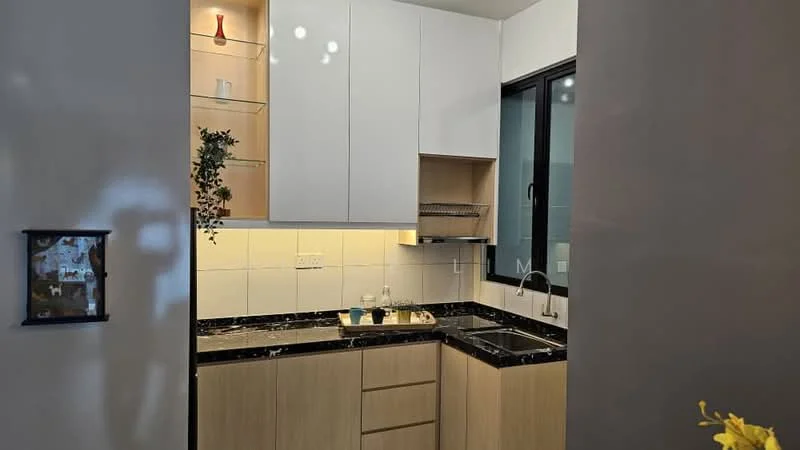 Kitchen features: white cabinetry, black marble countertop, stainless-steel sink, chrome pull-down faucet, built-in shelving, under-cabinet lighting, glass window, tile backsplash; style: modern.