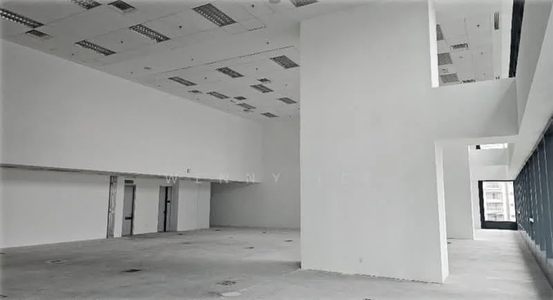 Room features: white painted walls, concrete flooring, high ceiling, large windows, open layout, fluorescent lighting, no visible furniture, minimalist design; style: modern.