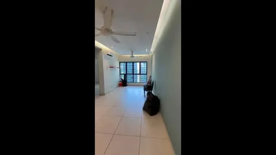 Room features: white painted walls, tile flooring, recessed downlights, 5-blade ceiling fan, large windows, view of city skyline, neutral color scheme, open layout; style: modern; view: city.