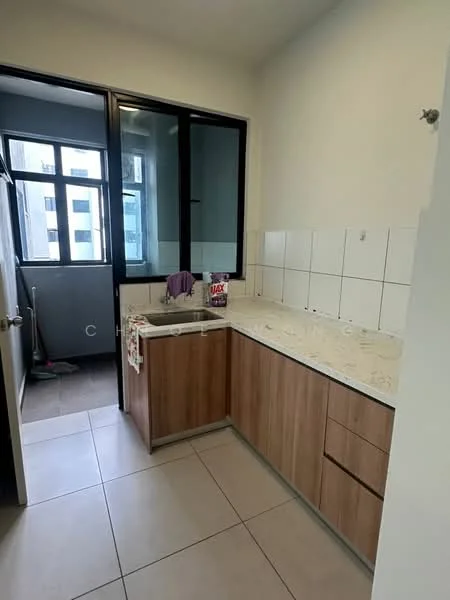 Kitchen features: laminate cabinetry in wood finish, marble countertop, single-bowl stainless-steel sink, chrome pull-down faucet, white tiled backsplash, floor-to-ceiling window, tile flooring, window with view of exterior, cleaning supplies visible; style: modern.