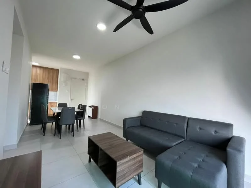 Living features: grey fabric 3-seater sofa, black ceiling fan with light, wooden coffee table, white painted walls, tile flooring, recessed LED downlights, floor-to-ceiling windows, open layout to dining area; style: modern. Dining features: wooden dining table for 6, black dining chairs, refrigerator, wood cabinetry, white walls, tile flooring; style: modern.