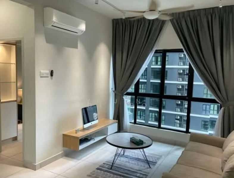 Living features: beige fabric sofa, round coffee table, wall-mounted TV, wooden TV console, 5-blade ceiling fan, floor-to-ceiling windows, sheer curtains, grey accent wall, light-colored tile flooring, air conditioning unit; style: modern; view: city.