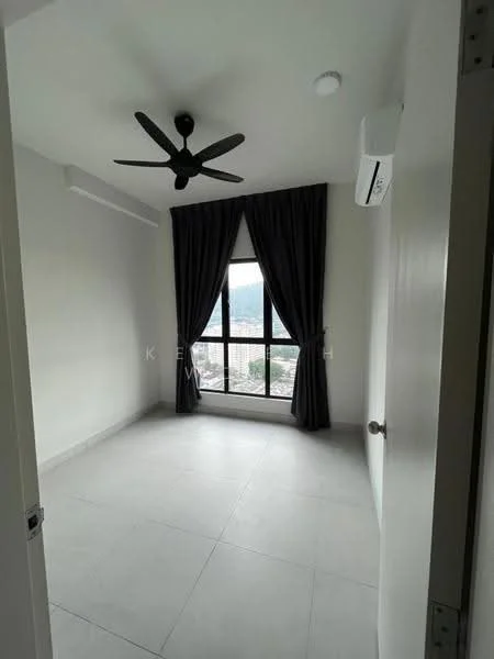 Bedroom features: grey tiled flooring, white painted walls, 5-blade ceiling fan, floor-to-ceiling window, blackout curtains, air conditioning unit, city view; style: modern; view: city.