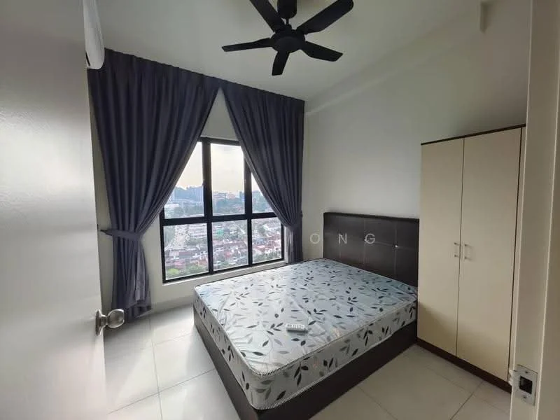 Bedroom features: queen-size bed, upholstered headboard, floor-to-ceiling windows, blackout curtains, light-colored walls, white tiled flooring, ceiling fan, built-in wardrobe with sliding doors; style: modern; view: city.