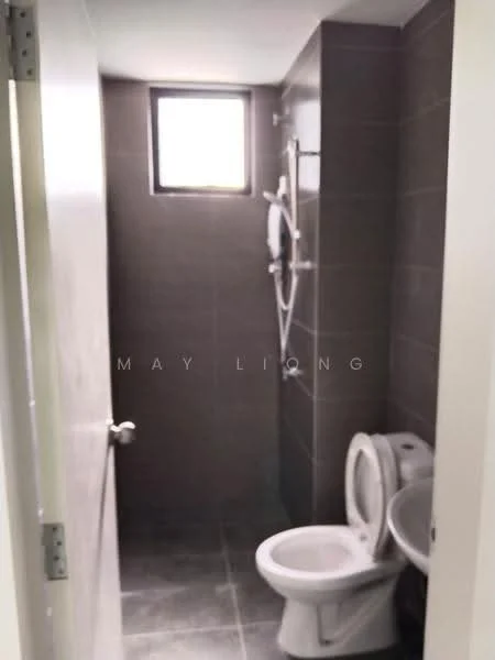 Bathroom features: grey wall tiles, grey floor tiles, white toilet, white sink, shower with wall-mounted faucet, small window, mirror above sink, towel rail; style: modern.