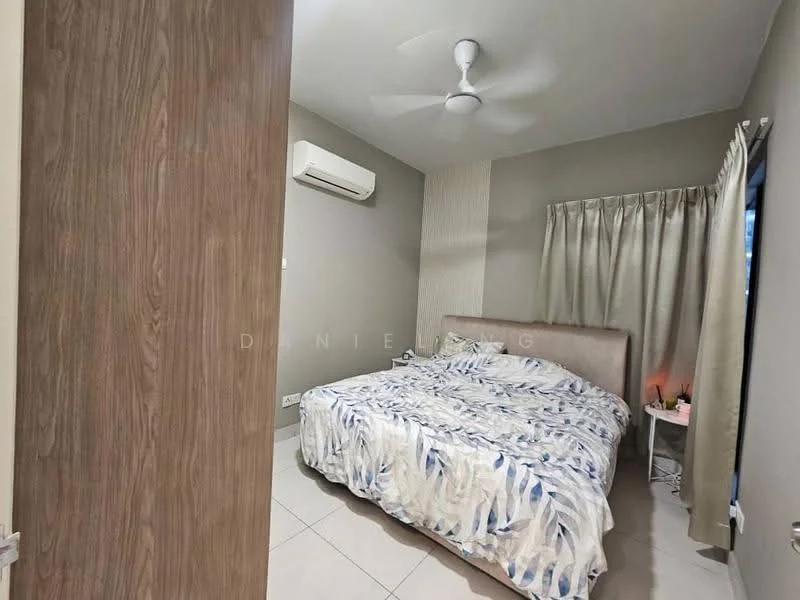 Bedroom features: king-size bed with patterned bedding, upholstered headboard, 2 bedside tables, table lamp on bedside table, floor-to-ceiling window with sheer curtains, wall-mounted split AC, ceiling fan, light-colored walls, tiled flooring, decorative wall paneling; style: modern.