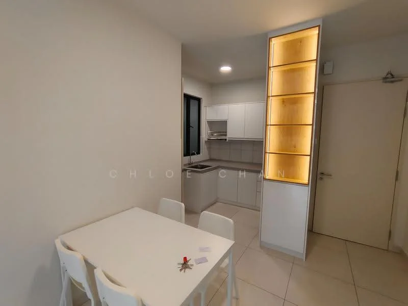 Kitchen features: white cabinetry, light wood shelving with backlighting, grey countertop, stainless-steel sink, single-bowl stainless-steel sink, built-in oven, ceramic tile flooring, white walls, window with black frame, dining table with four white chairs, door leading to another room; style: modern.