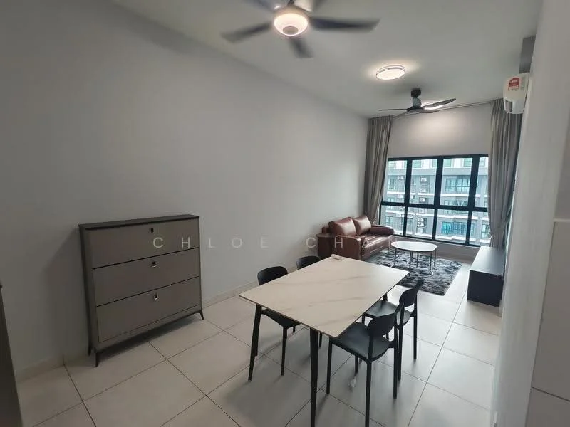 Living features: 3-seater fabric sofa in red, coffee table, area rug with geometric pattern, 6-seater dining table with marble top, black dining chairs, floor-to-ceiling windows, curtains, ceiling fan with light, wall-mounted air conditioning unit, light grey painted walls, tile flooring; style: modern; view: city.