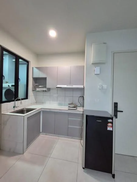Kitchen features: grey cabinetry, white countertop, single-bowl stainless-steel sink, chrome pull-down faucet, built-in oven, stainless-steel fridge, tile backsplash, ceramic tile flooring, recessed downlights, window with black frame; style: modern.