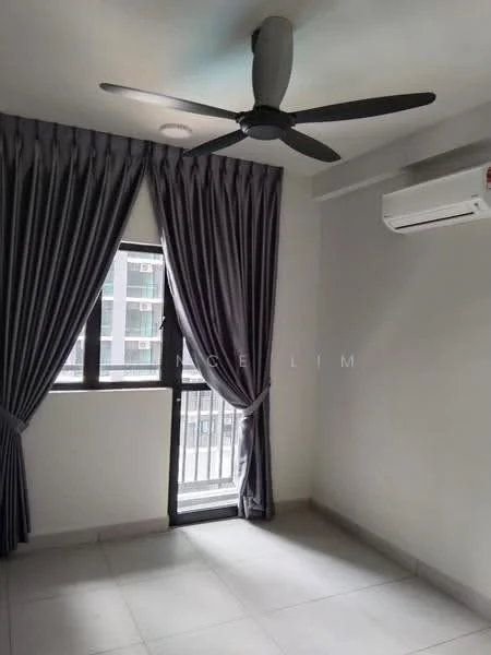 Room features: grey curtains, floor-to-ceiling window, wall-mounted split AC, ceiling fan, light-colored walls, tile flooring, recessed lighting; style: modern; view: city.
