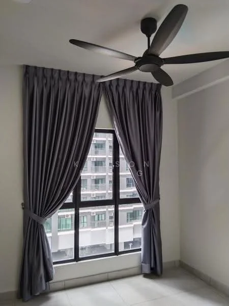 Room features: floor-to-ceiling windows, grey curtains, ceiling fan, light-colored walls, tile flooring; style: modern; view: city.