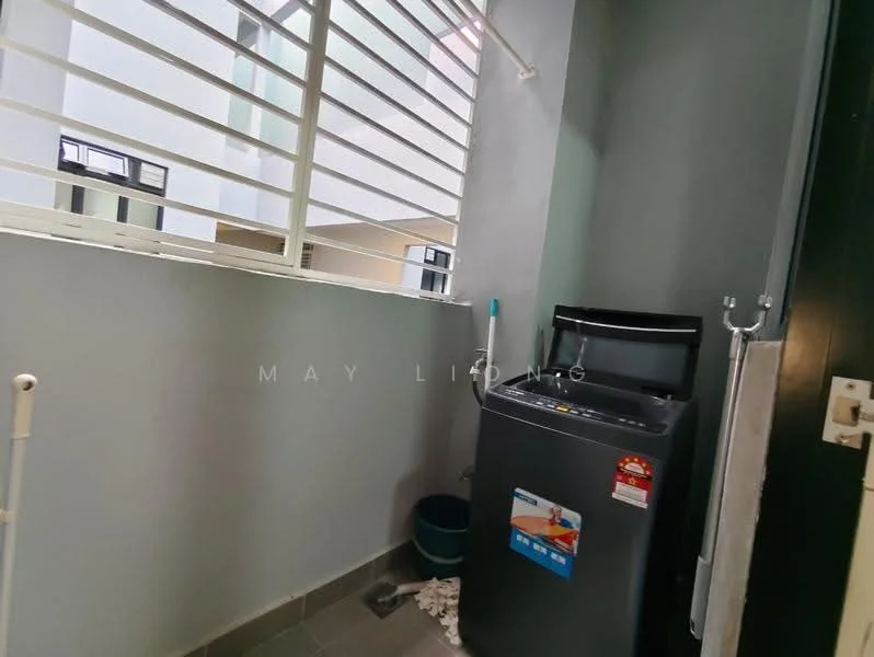 Laundry features: washing machine, grey painted walls, sliding window with horizontal bars, tile flooring, bucket, hanging rod, cleaning supplies on the floor.