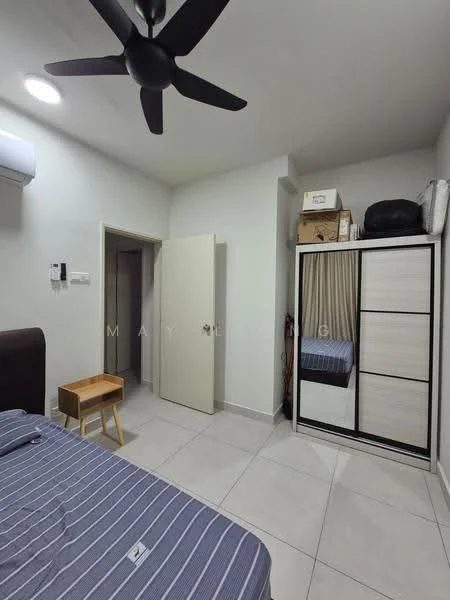 Bedroom features: queen-size bed with striped bedding, 2-blade ceiling fan, wall-mounted split AC unit, white painted walls, light-colored tiled flooring, built-in wardrobe with sliding doors, wooden bedside table, door leading to hallway; style: modern.