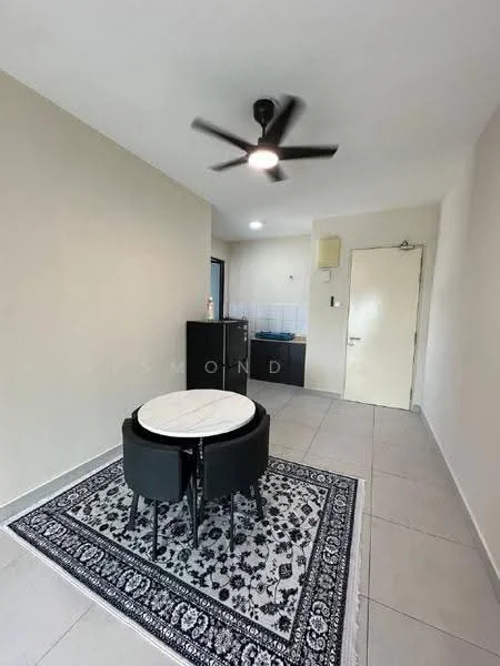 Dining features: round dining table with white marble top, black upholstered dining chairs, area rug with floral pattern, light grey tiled flooring, cream painted walls, ceiling fan with light, wall-mounted light fixture, door leading to another room, kitchen counter visible in background; style: modern.