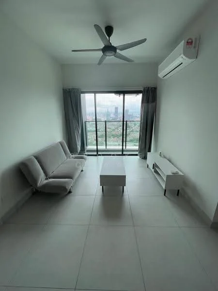 Living features: grey fabric sofa, white coffee table, TV console, floor-to-ceiling windows, curtains, 5-blade ceiling fan, wall-mounted split AC, light-colored tiled flooring, neutral painted walls, city view; style: modern; view: city.