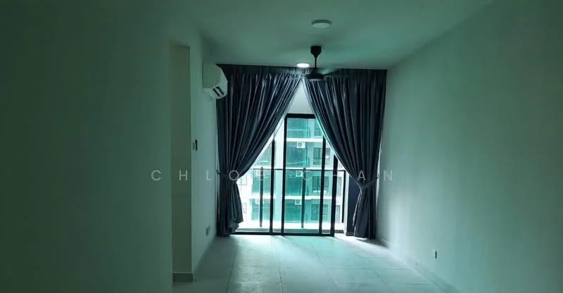 Room features: white painted walls, tile flooring, 5-blade ceiling fan with light, floor-to-ceiling windows, sliding glass door, sheer curtains, air conditioning unit, natural light from window; style: modern; view: city.