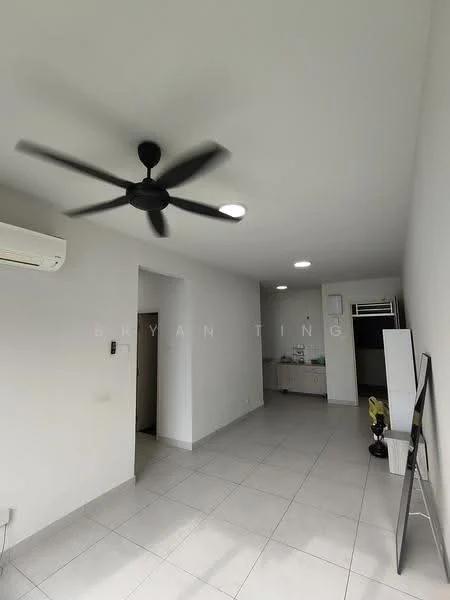 Living features: white painted walls, tile flooring, 5-blade ceiling fan with light, wall-mounted split AC, recessed LED downlights, open layout, kitchenette area, large window, neutral color scheme; style: modern.