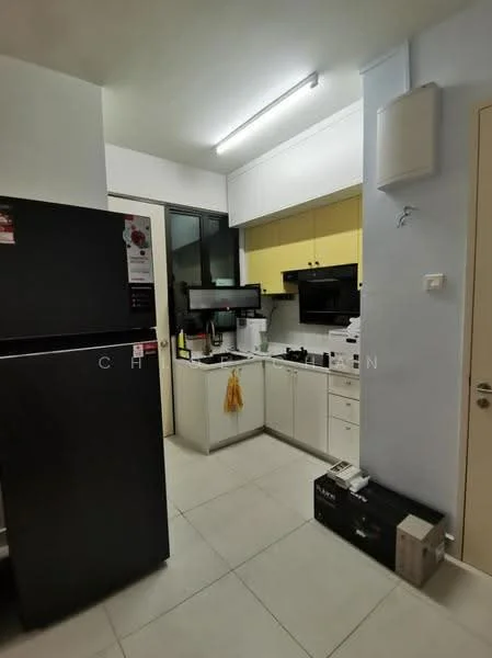 Kitchen features: black fridge, white cabinetry, yellow upper cabinets, built-in microwave, black countertop, stainless-steel sink, chrome faucet, ceramic tile flooring, recessed LED downlights, wall-mounted ventilation, kitchen appliances, open shelving; style: modern.