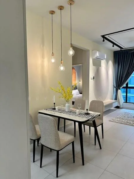 Dining features: 4-seater dining table, black and white table setting, upholstered dining chairs in light grey, pendant lighting with clear bulbs, wall-mounted air conditioning unit, grey curtains, light-coloured walls, tile flooring; style: modern.