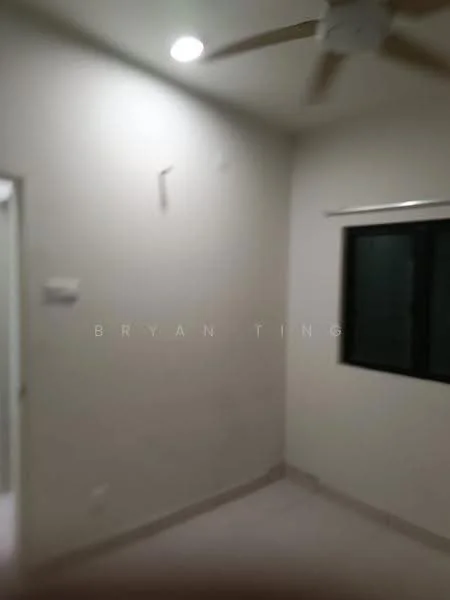 Room features: white painted walls, ceiling fan, window, light fixture, tile flooring.