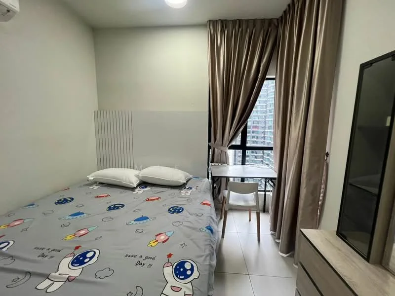 Bedroom features: queen-size bed with patterned bedding, 2 white pillows, light grey walls, white tiled flooring, floor-to-ceiling window, sheer curtains, small white dining table, 2 white chairs, wall-mounted air conditioning unit, built-in wardrobe, decorative wall paneling; style: modern; view: city.
