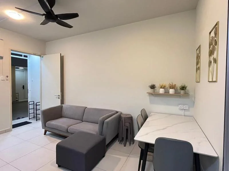 Living features: 3-seater fabric sofa in grey, ottoman in grey, marble-top dining table, 4 dining chairs in black, wall-mounted shelf with decorative plants, white painted walls, ceiling fan, tile flooring, doorway leading to hallway, light fixture on ceiling; style: modern.