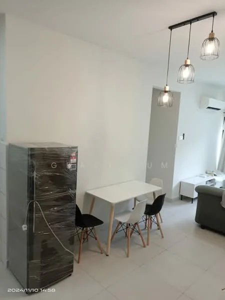 Dining features: white dining table, 4 dining chairs, stainless-steel fridge, pendant lighting with wire cage design, wall-mounted air conditioning unit, light grey tiled flooring, white painted walls, sofa visible in background; style: modern.