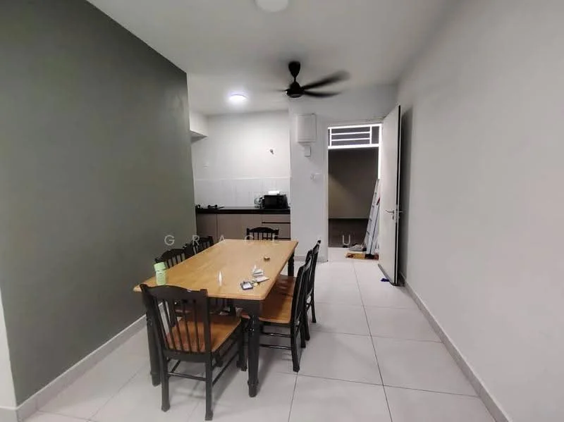 Dining features: wood dining table with six chairs, white walls, grey accent wall, tile flooring, ceiling fan, recessed lighting, open layout to kitchen, doorway to utility area; style: modern. Kitchen features: black cabinetry, stainless-steel sink, built-in stove, tile backsplash, countertop space, kitchen appliances visible; style: modern. Utility features: doorway leading to utility area, unknown features.