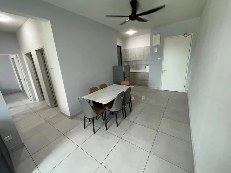 Dining features: dining table with four chairs, grey tiled flooring, white painted walls, ceiling fan, refrigerator, open layout to kitchen, wall-mounted light fixture; style: modern. Room features: doorway leading to other rooms, grey tiled flooring, white painted walls.