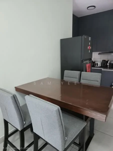 Dining features: wood dining table, 4 grey upholstered dining chairs, light green painted walls, tile flooring, refrigerator, kitchen countertop, coffee machine, built-in cabinets; style: modern.