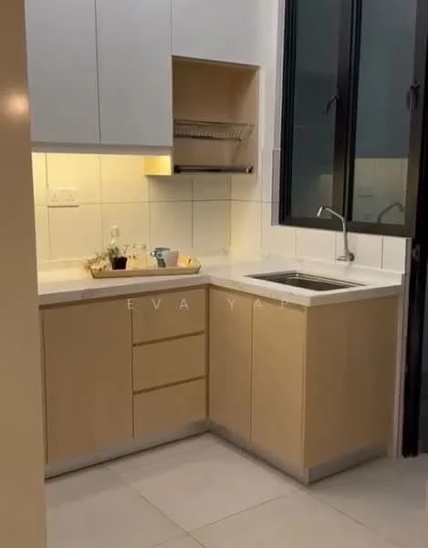 Kitchen features: light wood cabinetry, white upper cabinets, stainless-steel sink, chrome pull-down faucet, white tiled backsplash, countertop with integrated storage, open shelving, built-in dish rack, ceramic tile flooring, recessed lighting; style: modern.