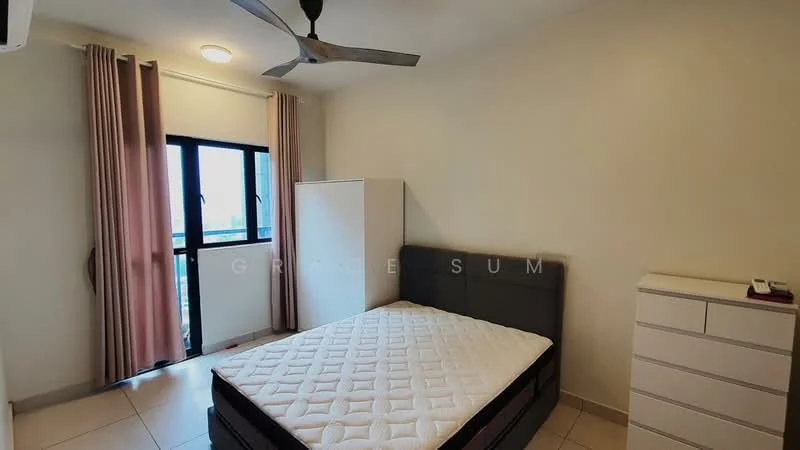 Bedroom features: queen-size bed, upholstered headboard, 2 bedside lamps, built-in wardrobe, white dresser, floor-to-ceiling window, curtains, ceiling fan with light, tile flooring, neutral wall color; style: modern; view: city.