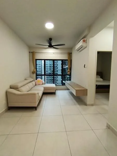 Living features: 3-seater fabric sofa in beige, ceiling fan with light, wall-mounted TV console, floor-to-ceiling windows, sheer curtains, light-colored tiled flooring, air conditioning unit, decorative wall, neutral painted walls; style: modern; view: city.