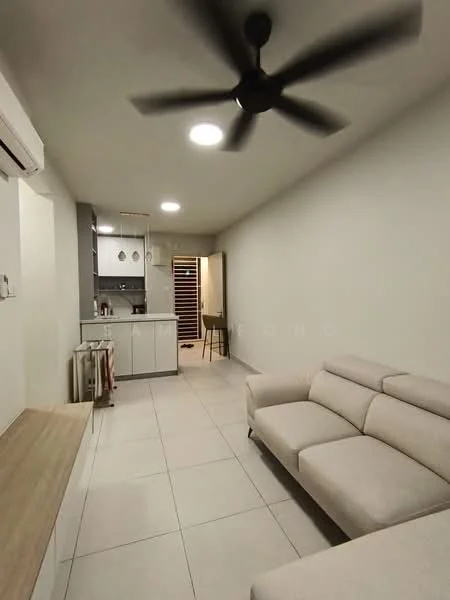 Living features: light-colored fabric sofa, coffee table, wall-mounted air conditioning unit, 5-blade ceiling fan with light, recessed downlights, tile flooring, neutral painted walls, open layout to kitchen, dining table with chairs visible in background; style: modern. Kitchen features: kitchen cabinetry, countertop, built-in oven, stainless-steel sink, kitchen backsplash, open shelving, wine rack, refrigerator, stove; style: modern.
