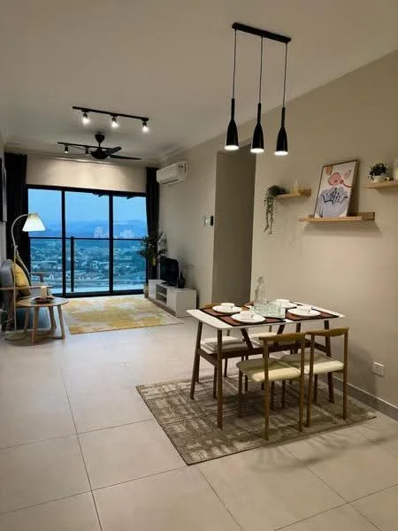 Dining features: 4-seater dining table, white tabletop, gold metal legs, upholstered dining chairs, area rug with geometric pattern, pendant lighting with three black shades, wall-mounted shelves, decorative artwork on wall, floor-to-ceiling windows, city view, wall-mounted TV, ceiling fan, split air conditioning unit, light-colored walls, tile flooring; style: modern; view: city.