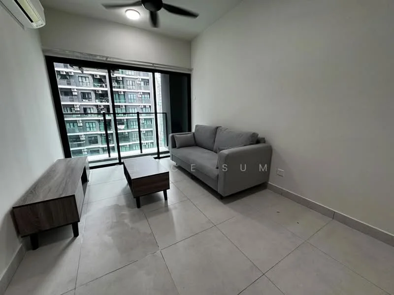 Living features: grey fabric sofa, wooden coffee table, wooden TV console, floor-to-ceiling windows, sliding glass door, white painted walls, recessed downlights, light grey tile flooring, 1 wall-mounted split AC, ceiling fan; style: modern; view: city.