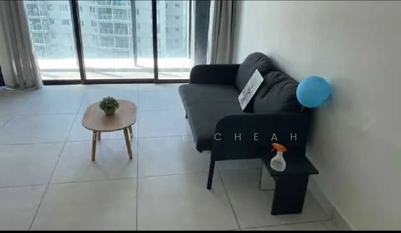 Living features: 3-seater fabric sofa in grey, wooden coffee table, floor-to-ceiling windows, curtains, tile flooring, decorative plant on table, cleaning spray bottle on side table; style: modern; view: city.