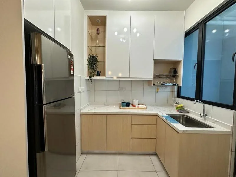 Kitchen features: white upper cabinets, wood lower cabinets, stainless-steel fridge, single-bowl stainless-steel sink, chrome pull-down faucet, white countertop, tile backsplash, ceramic tile flooring, wall-mounted shelves, window with black frame, recessed ceiling lights, open shelving with decorative items; style: modern.