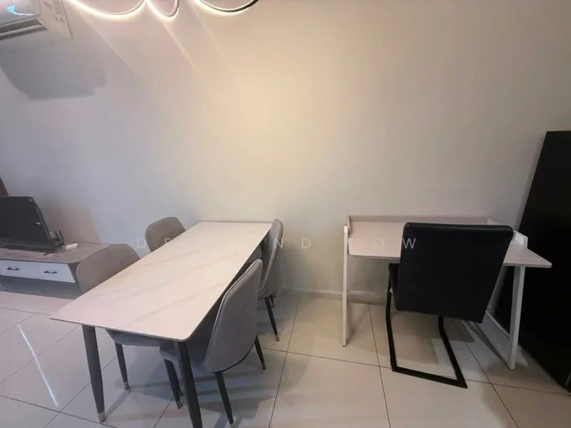 Dining features: white marble dining table, 4 grey upholstered dining chairs, 2 white study desks, 1 black office chair, wall-mounted air conditioning unit, glossy white tiled flooring, neutral painted walls, modern pendant lighting; style: modern.