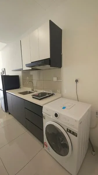 Kitchen features: white upper cabinets, black lower cabinets, stainless-steel sink, chrome pull-down faucet, built-in oven, stainless-steel range hood, 4-burner gas hob, front-load washing machine, ceramic tile flooring, white walls, recessed downlights; style: modern.