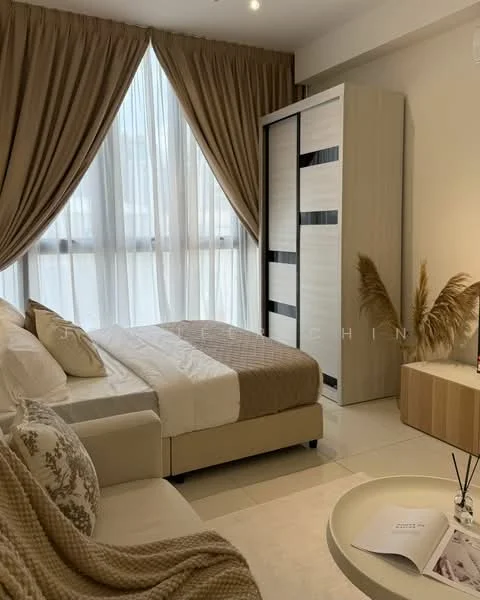 Bedroom features: queen-size bed with beige bedding, upholstered headboard, floor-to-ceiling windows with sheer curtains, light brown curtains, built-in wardrobe with sliding doors, cream-colored walls, tile flooring, decorative wall art, side table with a decorative item, sofa in light color, decorative plants in ceramic pots; style: modern.