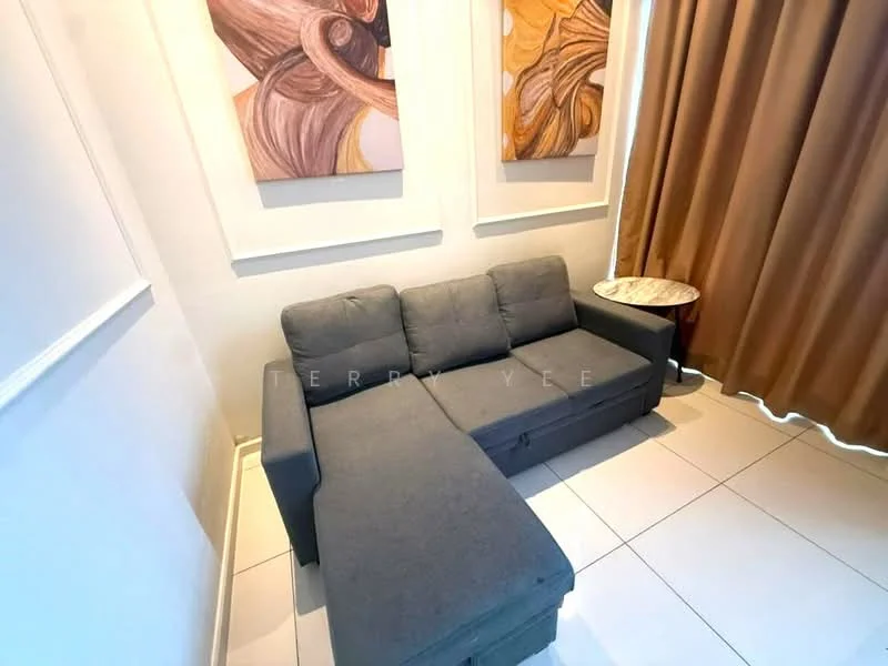 Living features: L-shape sectional sofa in grey, marble side table, white walls, cream curtains, framed artwork with abstract design, tile flooring, natural light from window; style: modern.